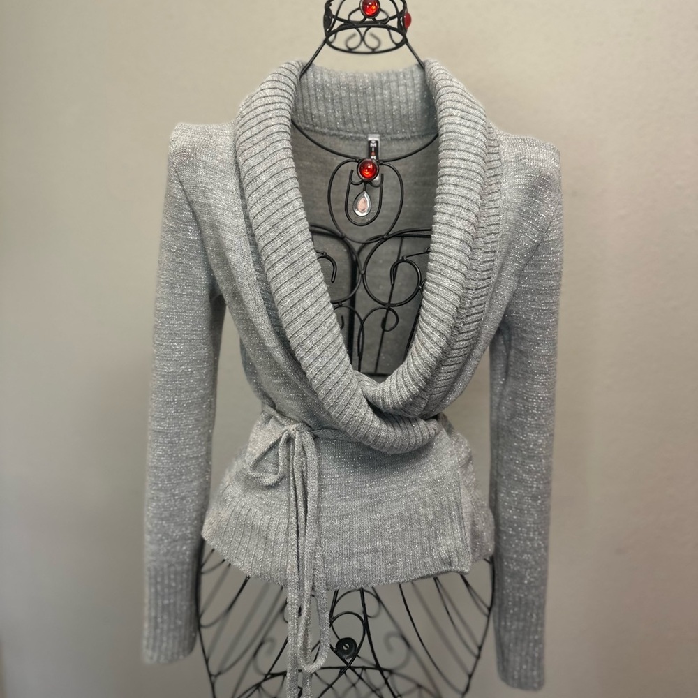 Gray Cowl Neck Sweater with Wrap Design